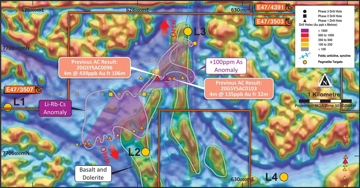 Target 2 (Southern Section) Plan showing significant results and LCT pegmatite RC targets