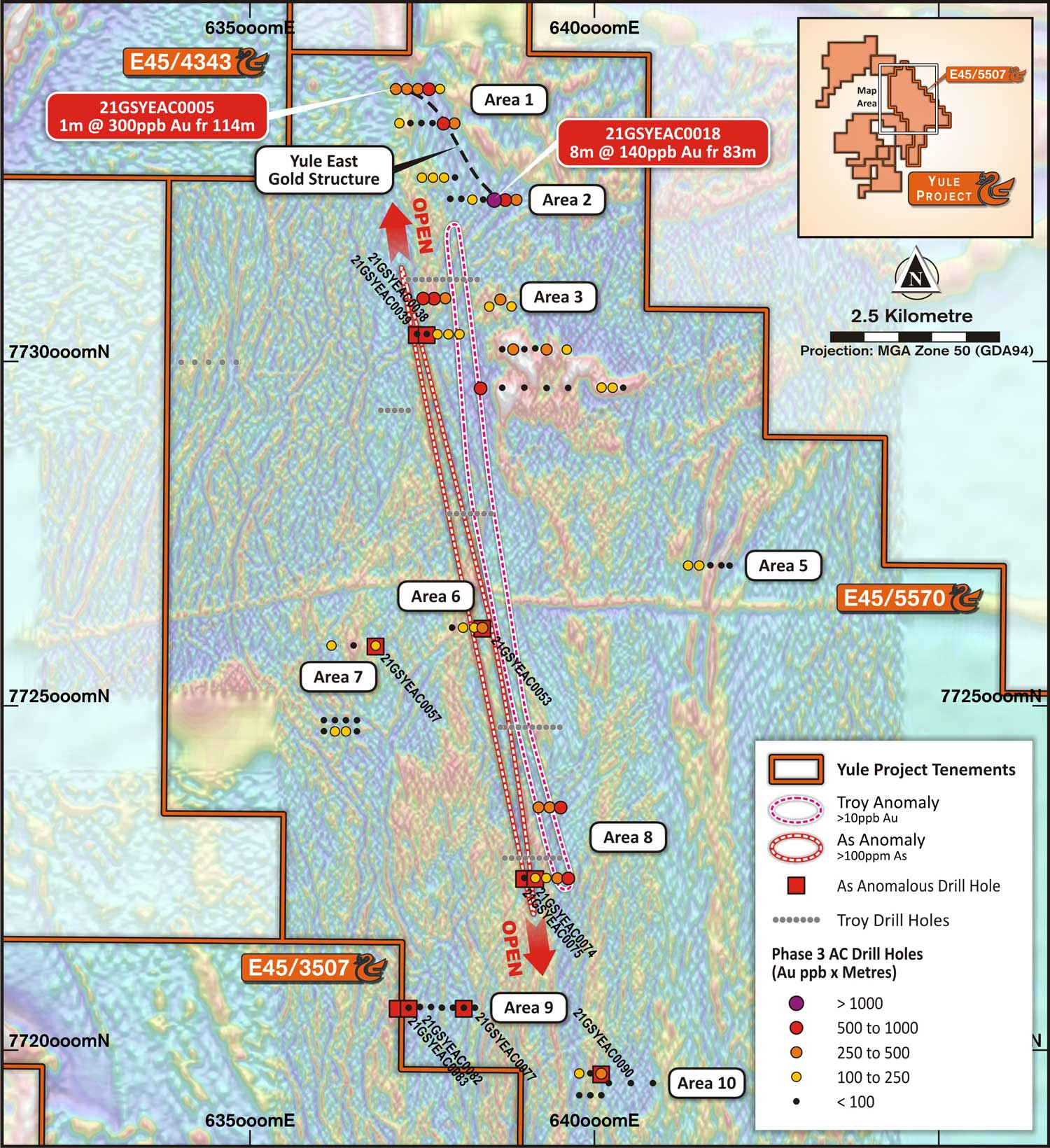 Yule East plan showing significant gold and gold pathfinder results