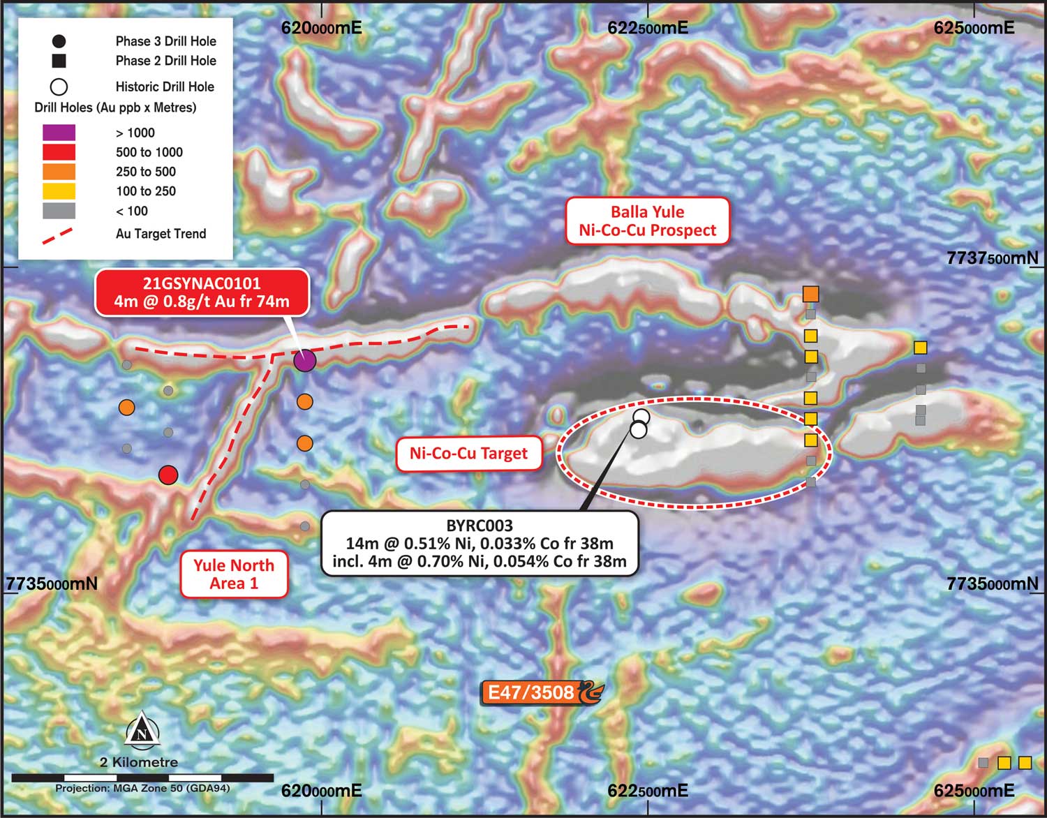 Yule North plan showing significant gold results near Balla Yule Ni-Co-Cu prospect